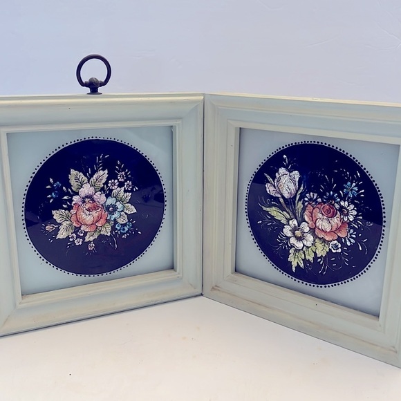 Vintage Reverse Painting Folk Art Flower Framed Pictures - Picture 1 of 10